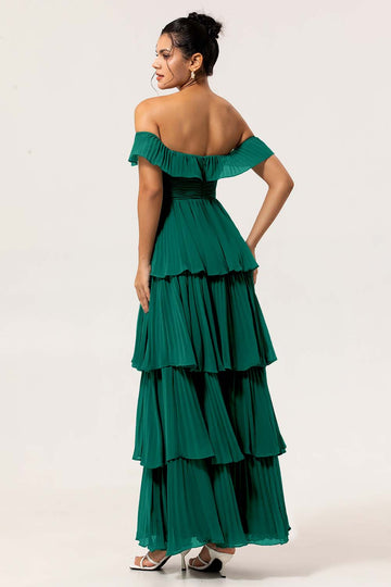 A-Line Off The Shoulder Tiered Ruched Chiffon Long Eucalyptus Bridesmaid Dress